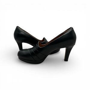 Clarks Delsie Joy Black Leather Platform Heels Classic Career Pumps Block Heel 9